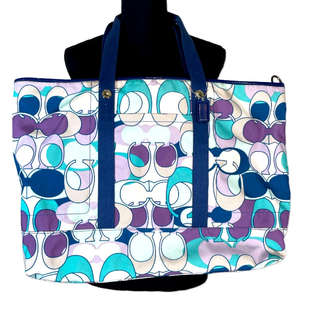Coach Multicolor Signature Print Tote - Teal, Purple, Navy, Cream